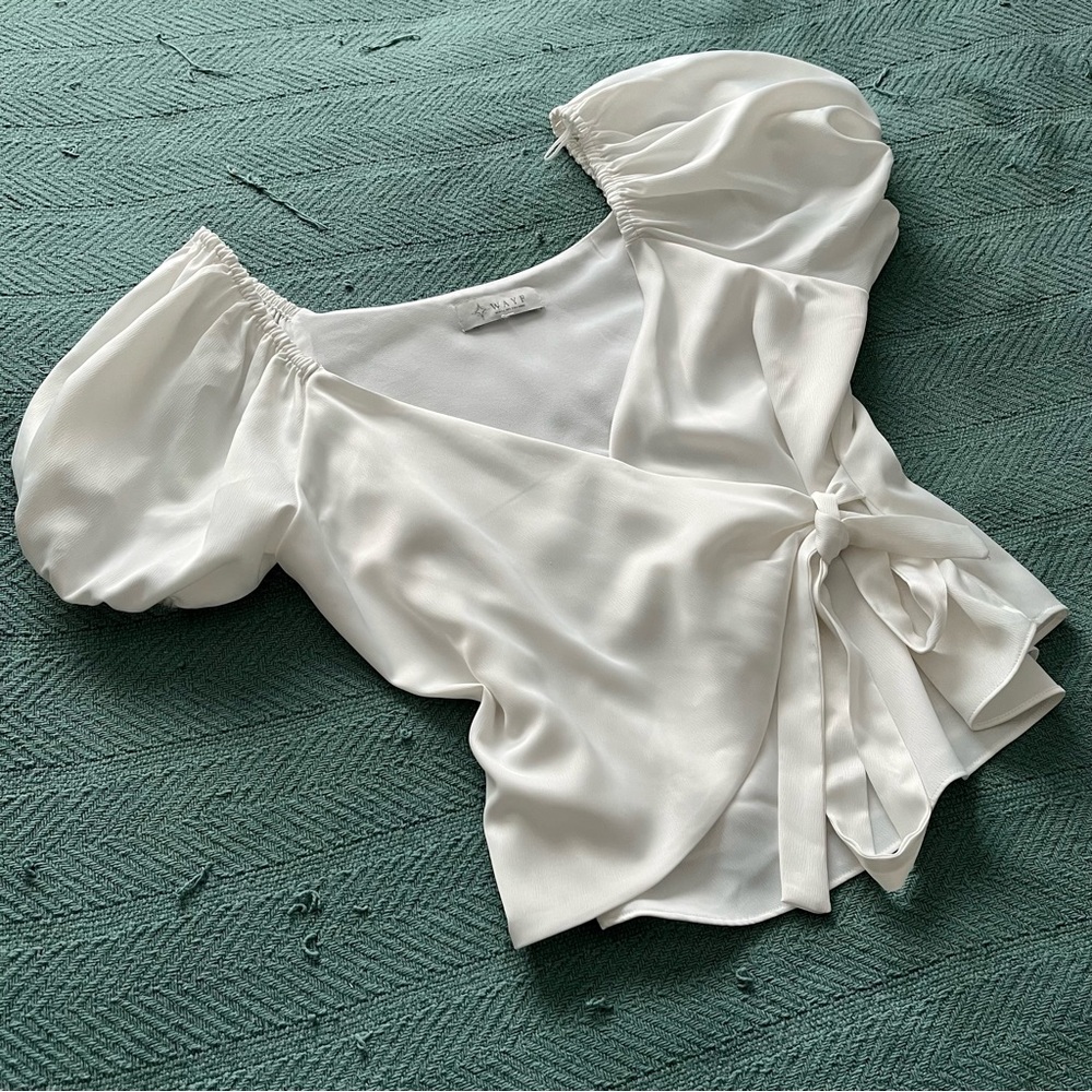 White Puff Sleeve Wrap Top